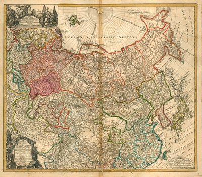Mapa Ruska (Od: Mapa Ruské říše a Tartarie po celou Malou Asii a Evropu) - Homann, Johann Baptist (1663-1724) - 1738 - Mědirytina, akvarel - Soukromá sbírka od Johann Baptista Homann