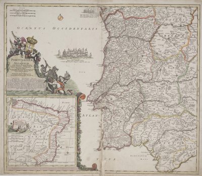 Portugalsko a Algarve (Portugallia et Algarbiae), kolem 1704 (ručně kolorovaný lept) od Johann Baptista Homann