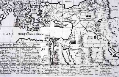 Mapa míst citovaných v První knize „Návrh historické architektury“ od Johann Bernhard (after) Fischer von Erlach