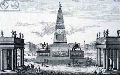Obelisk věnovaný Marcu Aureliu Antoninusovi (161-80) a Luciusu Aureliu Verusovi (161-69), Řecko, z „Plánu historické architektury“ od Johann Bernhard (after) Fischer von Erlach