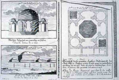 Půdorys, pohled a řez císařskými lázněmi, Budapešť, Maďarsko, z „Plánu historické architektury“ od Johann Bernhard (after) Fischer von Erlach