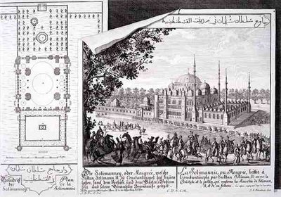 Plán a pohled na mešitu Suleymaniye, Istanbul, z „Návrh historické architektury“, vyryl Johann Adam Delsenbach od Johann Bernhard (after) Fischer von Erlach