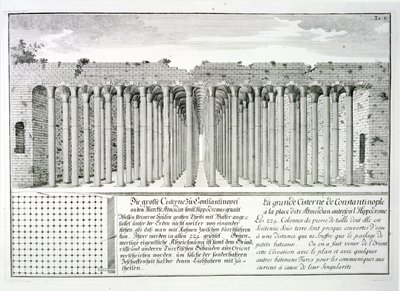 Cisterna pod hipodromem, Konstantinopol, Turecko, z „Design of a Historic Architecture“, 1721 od Johann Bernhard Fischer von Erlach