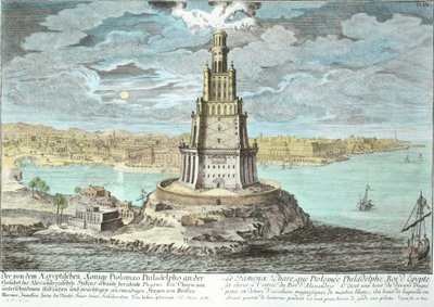 Maják v Alexandrii, postavený Ptolemaiem Velikým (36-po 30 př.nl), Egypt, z Entwurf einer historischen Architektur, vyryl Johann Adam Delsenbach (1687-1765) 1721 (pozdější barva od Johann Bernhard Fischer von Erlach