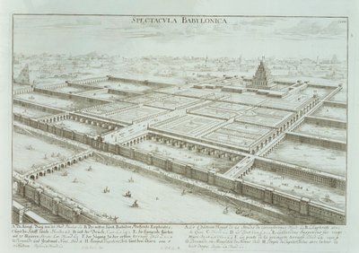 Panoramatický pohled na královský palác a visuté zahrady Babylonu, z „Entwurf einer historischen Architektur“, 1721 od Johann Bernhard Fischer von Erlach