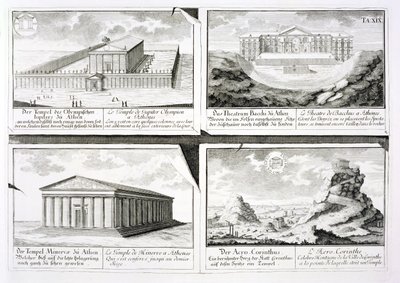 Pohledy na čtyři klasické budovy: Chrám Dia Olympského, Dionýsovo divadlo v Aténách, Chrám Athény v Aténách a Chrám v Korintu, z Entwurf einer historischen Architektur, od Johann Bernhard Fischer von Erlach