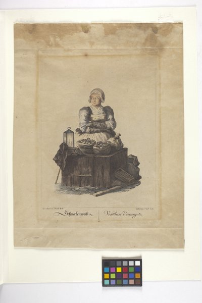 Schneckenweib Or Vendeuse Des Escargots (Snail Vendor) (ručně kolorovaný lept) od Johann Christian (after) Brand