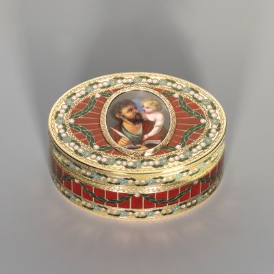 Tabatěrka, Drážďany, asi 1775-80, miniatura Ženeva, asi 1800 (saský tvrdý kámen, zlato a smalt) od Johann Christian Neuber