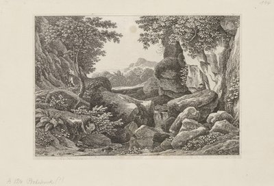 Skalnatá krajina s kráčejícím pastýřem vlevo od Johann Christian Reinhart