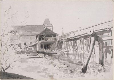 Dřevěný most s jezem a vodním mlýnem od Johann Christian Reinhart
