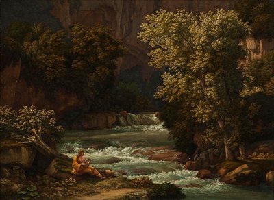 Pohled na Ponte Lupo u Tivoli s osobou hrající na lyru v popředí od Johann Christian Reinhart