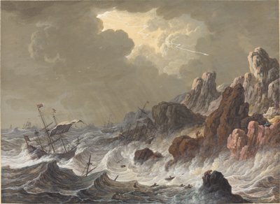 Bouřemi zmítané lodě ztroskotaly na skalnatém pobřeží od Johann Christoph Dietzsch