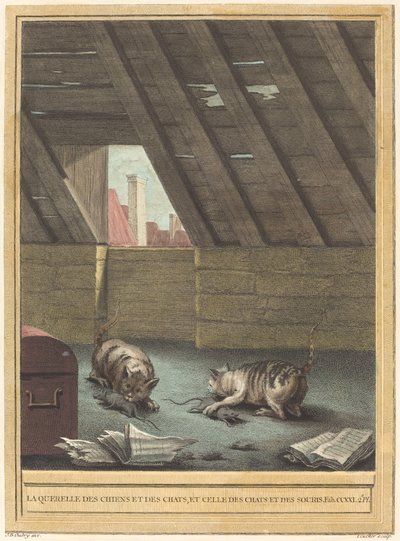 Hádka koček a psů a hádka koček a myší od Johann Christoph Teucher after Jean Baptiste Oudry
