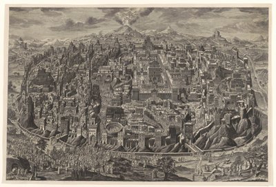 Orientační mapa v pohledu na Jeruzalém z ptačí perspektivy s vyobrazením Kristova umučení od Johann Daniel Herz (I)