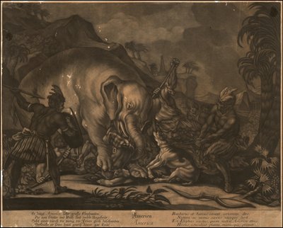 Ca. Alegorická mezzotinta Ameriky z roku 1770 od Johann Elias Ridinger