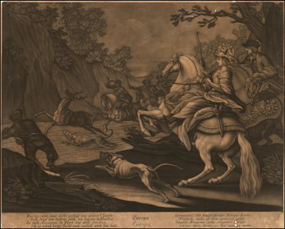 Ca. 1770 alegorická mezzotinta Evropy od Johann Elias Ridinger