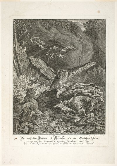 Fable III, deska tři z Instructive Fables of the Realm of Theire od Johann Elias Ridinger