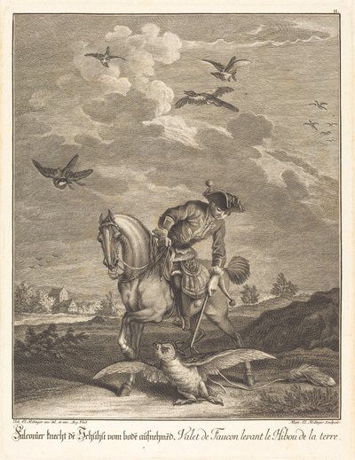 Falconeer zvedání sovy ze země od Johann Elias Ridinger