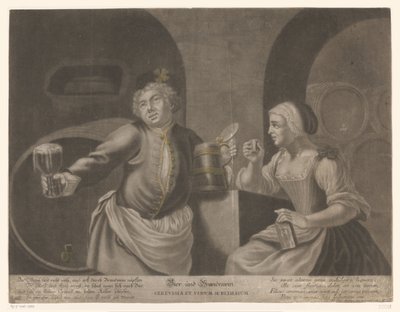 Muž a žena pijí pivo a brandy Pivo a Brandewein / Cerevisia et vinum sublimatum od Johann Elias Ridinger