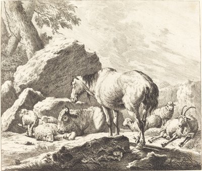 Kůň, buvol, ovce a koza v italské krajině od Johann Elias Ridinger after Johann Heinrich Roos