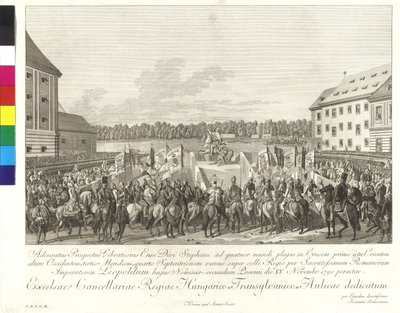 Korunovace císaře Leopolda II. uherským králem v Bratislavě 15. listopadu 1790 (mědirytina) od Johann Ernst Mansfeld