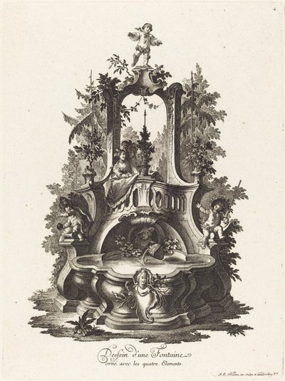 Design pro fontánu zdobenou čtyřmi prvky od Johann Esaias Nilson