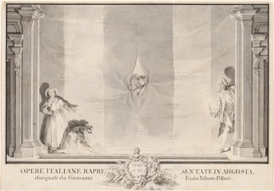 Dva herci nakukující přes divadelní oponu, zatímco jiní připravují světla od Johann Esaias Nilson