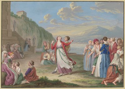 Italští venkované se baví hrami a tancem na břehu jezera, v pozadí vysoké hory od Johann Friedrich August Tischbein