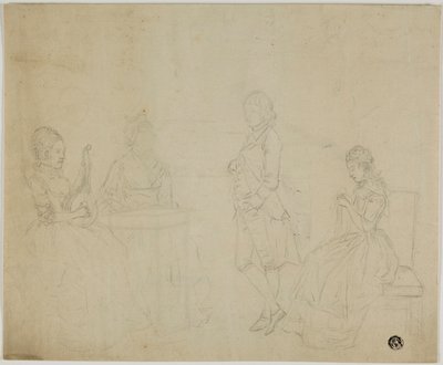 Náčrt rodinné skupiny se třemi sedícími ženami a mladým mužem od Johann Friedrich August Tischbein