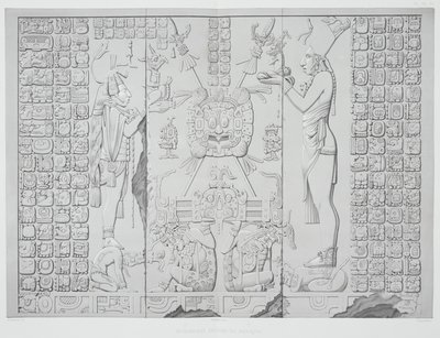 Reliéf zobrazující kněze s oběťmi ze svatyně Chrámu Slunce, Palenque, desky 29 a 30 z Ancient Monuments of Mexico, vyryl Werner, 1866 od Johann Friedrich Maximilian von Waldeck