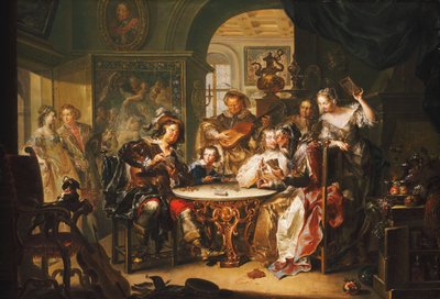 Gentleman podvádí v Cards se starší dámou v přepychovém interiéru, od Johann Georg Platzer