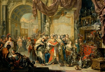 ""Cresus (596-546 avant JC) montre ses tresors a Solon (640-558 av. JC)"" - Croesus a Solon - Olej na mědi od Johanna Georga Platzera (1704-1761) - Státní umělecká galerie, Drážďany od Johann Georg Platzer