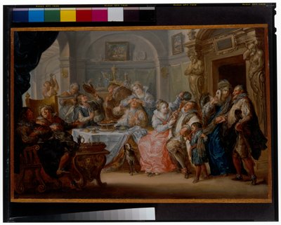 Interiér s elegantními postavami v maškarním kostýmu hodující od Johann Georg Platzer