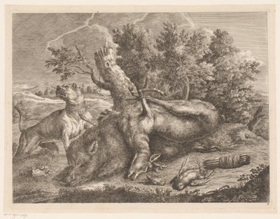Lovecký pes a kořist s kance, jeleny a ptáky Lovecké boty (název série) od Johann Georg Wachsschlunger