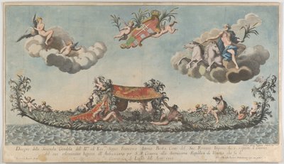 Velmi zdobená druhá gondola Francesca Antonia Berky vjíždějící do Benátek, bohů na c..., 1700. od Johann Georg Wolfgang