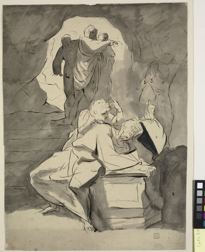Muž v zoufalství nad náhrobkem v jeskyni s dalšími postavami od Johann Heinrich Füssli