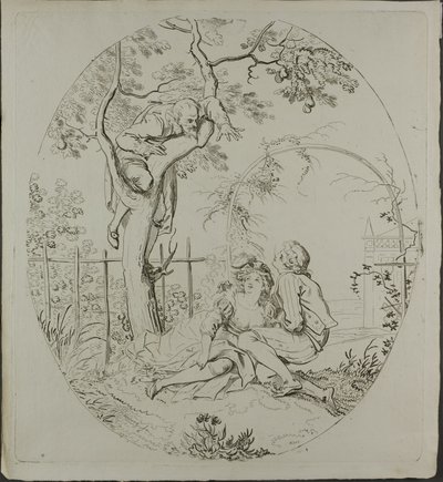 Vousatý muž špehuje milence pod altánem od Johann Heinrich Ramberg