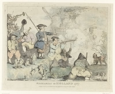 Zkouška Zkouška v Holandsku 1787 (název na objektu) Čtyři anglické karikatury o vlastencích v roce 1787 (název série) od Johann Heinrich Ramberg