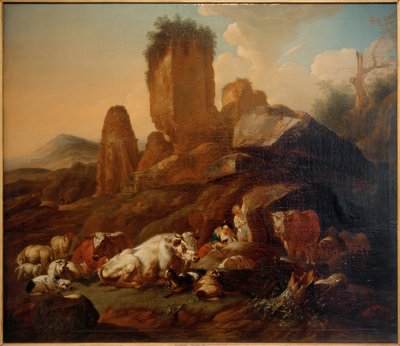 Odpočívající pastýřka a dobytek od Johann Heinrich Roos