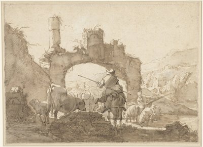 Dva pastýři prohánějí svůj dobytek řekou od Johann Heinrich Roos