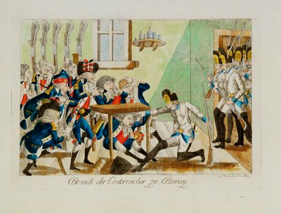 Rakouští vojáci překvapují francouzský oddíl v jeho ubikacích v Bavai... (rytina) od Johann Hieronymus Loeschenkohl