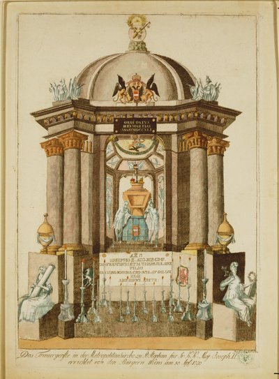 Pohřební pomník (Castrum Doloris) postavený občany Vídně při zádušní mši za císaře (rytina) od Johann Hieronymus Loeschenkohl