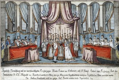 Marie-Louise se ve Vídni provdala za Napoleona v zastoupení, arcivévoda Karel zastupoval Napoleona - Loeschenkohl, Johann Hieronymus (1753-1807) - 1810 - Lept, akvarel - 33,4x44,5 - Soukromá sbírka od Johann Hieronymus Loeschenkohl