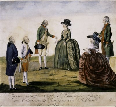 Setkání Kateřiny II. a Josefa II. na Dněpru v květnu... (barevná rytina) od Johann Hieronymus Loeschenkohl