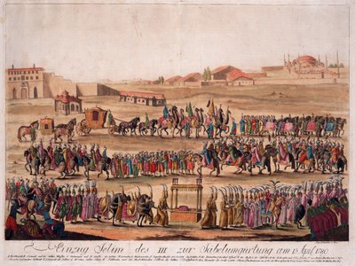 Vstup sultána Selima III. (1761-1808) do Opěsávání šavle 13. dubna 1789 - Loeschenkohl, Johann Hieronymus (1753-1807) - 1789 - Lept, akvarel - 38,6x50,2 - Soukromá sbírka od Johann Hieronymus Loeschenkohl