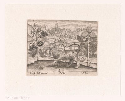 Série tisků s květinami a zvířaty v krajině Krajina s topolem, leopardem a švestkou Krajiny se zvířaty, rostlinami a květinami (název série) od Johann Hogenberg