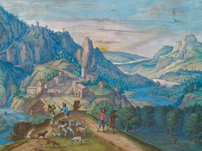 Horská krajina za soumraku s údolím řeky a postavami, 1640. od Johann Jacob Besserer