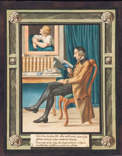 Portrét Johanna Caspara Lavatera (1741-1801), z profilu vlevo, sedí a čte knihu (akvarel přes rytinu) od Johann Jacob Lips