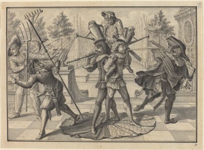 Harlekýn a Scaramouche vytvářejí "fontánu" od Johann Jacob Schubler