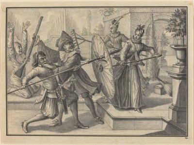 Pantaloon a doktor bojují s Columbine a Brigatellou v zahradě od Johann Jacob Schubler